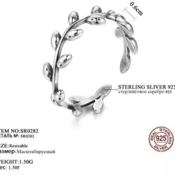 Minimalist Floral Open Leaf Ring Adjustable Rhodium Plated Sterling Silver NWT - Picture 7 of 9